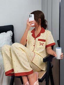 Napfluff 甜心條紋印花蝴蝶結刺繡口袋拼色領睡衣套裝 - 黃色 - 查看 4