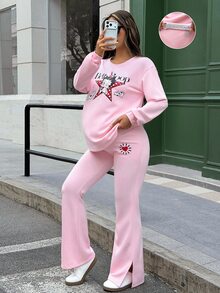 Lyckli Betty Boop x SHEIN Setelan Hamil 2 Potong: Sweatshirt Lengan Panjang Motif Huruf & Bintang dan Celana Flare Pinggang Dapat Disesuaikan, Musim Gugur - Berwarna merah muda - View 1