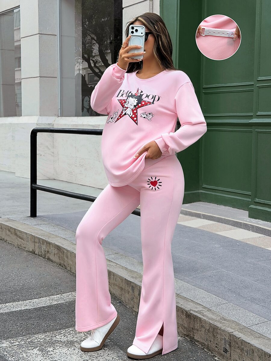 Lyckli Betty Boop x SHEIN Setelan Hamil 2 Potong: Sweatshirt Lengan Panjang Motif Huruf & Bintang dan Celana Flare Pinggang Dapat Disesuaikan, Musim Gugur - Berwarna merah muda - View 1