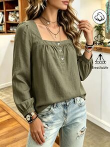 Louniche Square Neck Half Button Puff Long Sleeve Cotton Fall Winter Casual Blouse - Army Green - View 5