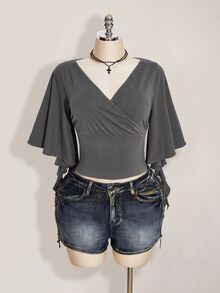 SHEIN ICON 女款純色V領修身百搭日常休閒T恤 - 灰色 - 查看 10