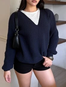 DAZY Women's Fall Navy And White V-Neck Long Sleeve 2 In 1 Colorblock Patchwork Loose Layered Casual Preppy Streetwear Daily Knit Sweater Commuting Brunch Winter - Navy Blue - View 6