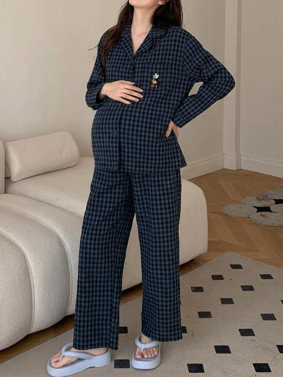 DAZY Contrast Color Plaid Pattern Embroidered Loose Long Sleeve Top & Straight Leg Pants Casual Daily Home Wear Spring Autumn Maternity 2 Pieces Set - Blue - View 1