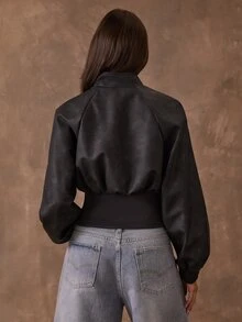SHEIN BAE جاكيت موتو قصير من جلد PU أسود مغسول بتصميم محبوك مضلع، بياقة واقفة وسحاب وأكمام منفوخة مع تفاصيل حلقة معدنية، إطلالة سهرة ليلية للخريف والشتاء - الأسود - مشاهدة 2