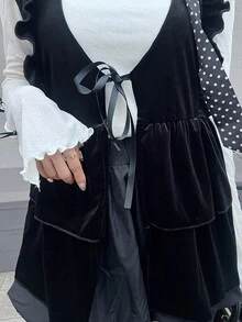 FRIFUL Women's Solid Color Front Tie Patchwork Ruffle Casual Elegant Tank Top Brunch Black Summer Fall - Black - View 6
