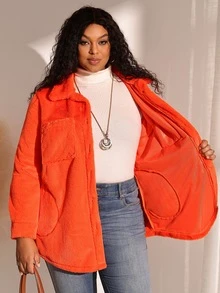 BrightlyHer Jaket Fleece Oranye Tua Ukuran Besar, Saku Depan Kancing, Leher Bulat, Lengan Panjang, Pakaian Luar Kasual Musim Gugur/Musim Dingin 2026 - Burnt Orange - View 8