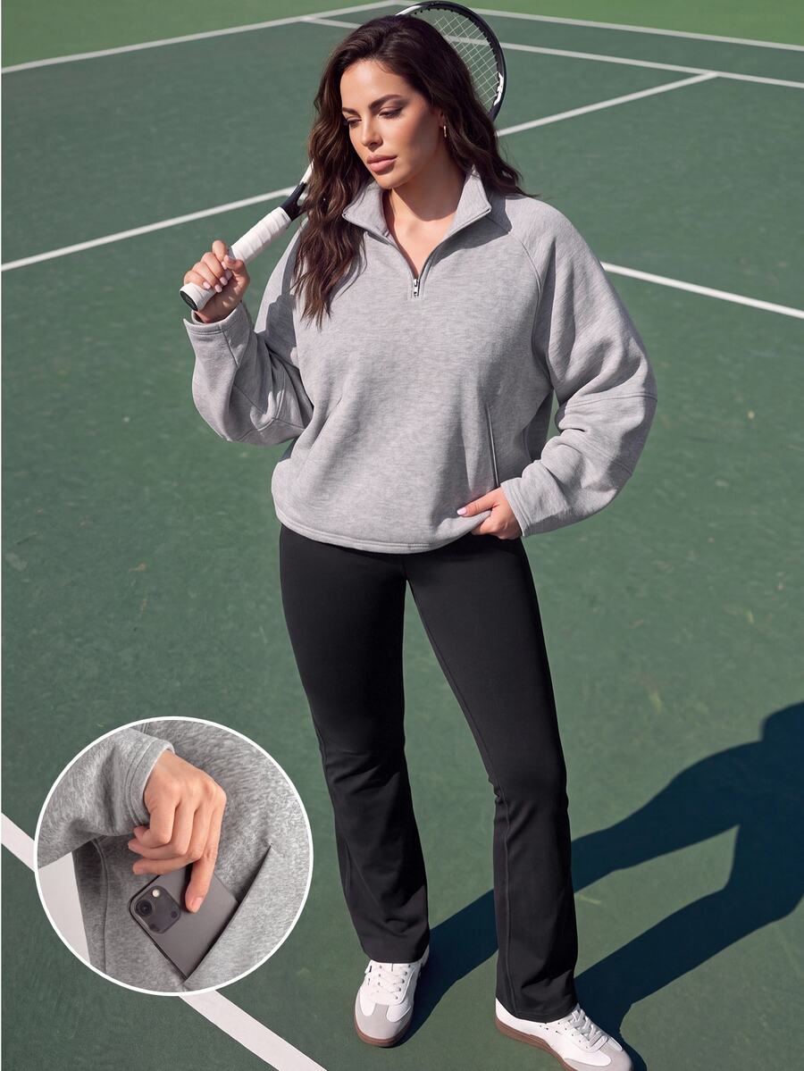EMERY ROSE Sweatshirt Wanita Ukuran Besar Warna Polos Lengan Panjang Raglan Setengah Resleting untuk Bisnis Kasual Smart Casual Tradisional Western untuk Olahraga Tenis Pink Hitam Musim Semi
