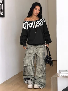 Coolane 女款秋冬街頭風休閒 Y2K 搖滾龐克外穿復古圖案黑色寬鬆不對稱領衛衣 - 黑色 - 查看 5