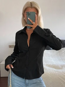 DAZY 女款優雅夏季度假襯衫，花卉刺繡、收腰設計、長袖與翻領秋季款 - 黑色 - 查看 4