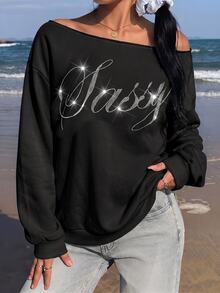 SHEIN EZwear 淺灰色女款露肩寬鬆休閒長袖衛衣，34%棉，經典休閒時尚優雅街頭風，水鑽圖案，草體英文文字，返校穿搭 - 黑色 - 查看 5