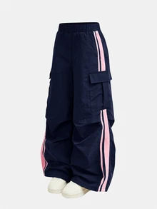 SHEIN 兒童青少年女孩長褲 春夏新款人氣多巴胺配色對比色織帶長褲 - 藍色 - 查看 6