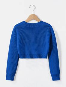 SHEIN 青少年女孩秋冬休閒純色短版針織毛衣 - 寶藍色 - 查看 2