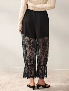 Willow Rêve Loose Black Long Pants, Floral Lace Patchwork Craft, Drawstring Waist And Sheer Flare Leg Design, Summer Bohemian Style, Suitable For Vacation, Party And Travel Wear - Black - View 2