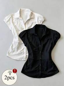 IslaSuriya Plus Size Women Solid Color Short Sleeve Single-Breasted Casual Shirt - Black and White - View 1