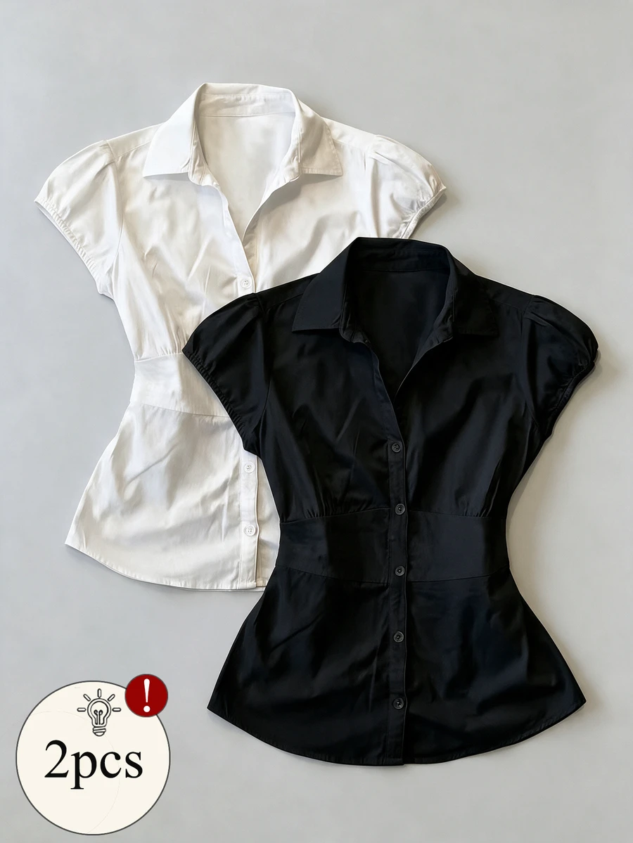 IslaSuriya Plus Size Women Solid Color Short Sleeve Single-Breasted Casual Shirt - Black and White - View 1