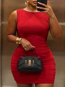 Slaydiva Plus Size Red Sequin Ruched Backless Mini Dress, Halloween Costume Sexy Party Cocktail Birthday Going Out - Red - View 5