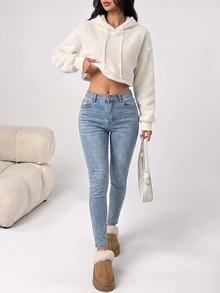 SHEIN Unity 女款韓式慵懶風柔軟短版寬鬆長袖休閒衛衣 - 白色 - 查看 3