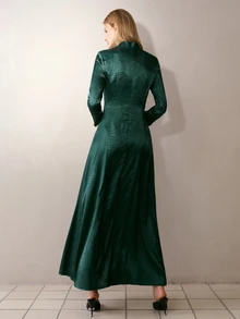 MOTF PREMIUM WOMEN'S STAND COLLAR JACQUARD WAIST-CINCHING LONG DRESS - Dark Green - View 5