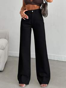 SHEIN Tall بنطلون جينز أسود طويل بخصر عالي وقصة عادية وأسلوب كاجوال وغسيل شطف وأزرار أمامية وقصة مستقيمة - الأسود - مشاهدة 5