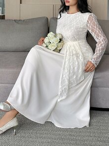 Dazy Plus Autumn Lace Patchwork Elegant Evening Dress, Early Autumn New Slimming Body-Flattering Dress - Apricot - View 6