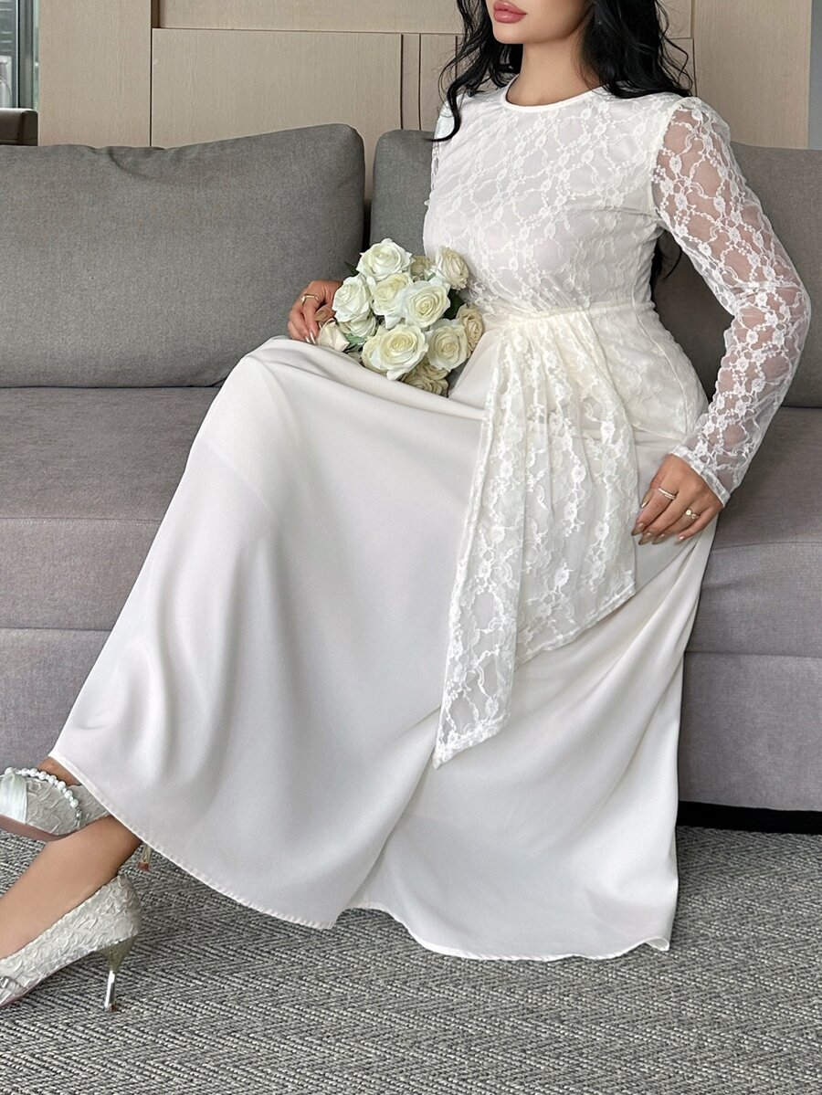 Dazy Plus Autumn Lace Patchwork Elegant Evening Dress, Early Autumn New Slimming Body-Flattering Dress - Apricot - View 1