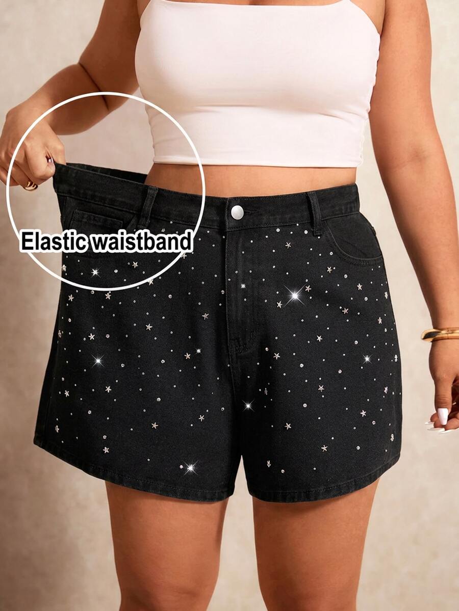 Elaquor Plus Size Fashion Rhinestone Button Pocket Black And White Shorts Formal Club Summer Casual Baggy