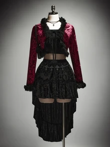 SHEIN ICON Plus-Size Black Y2K-Style Velvet Cropped Jacket With Faux Fur Trim And Lace-Up Detail Halloween Outfit - Burgundy - View 6