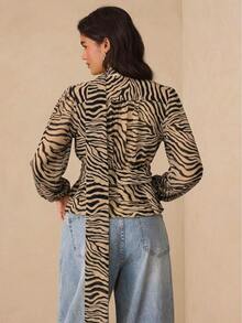 SHEIN Glamour Zebra Deep V-Neck Lantern Long Sleeved Shirt With Elegant Ribbon Decoration, Suitable For Gatherings - Brown - View 4