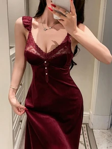 DAZY 女款蕾絲拼接修身無袖露背睡裙家居連衣裙 - 酒紅色 - 查看 5