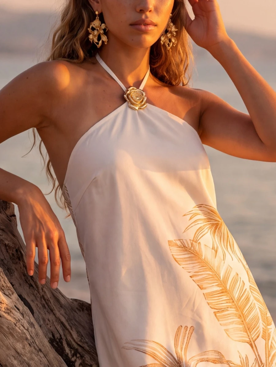 CAJUNI 鍍金金屬質感掛脖葉脈印花短洋裝 - 彩色 - 查看 1