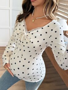 Dazy Maternity Polka Dot Elastic Top With Ruched Tie-Up Patchwork Long Sleeve Casual Vacation Korean Style Spring Autumn Maternity T-Shirt - White - View 5