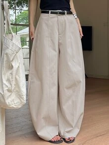 DAZY 女款純色寬鬆哈倫曲腿長褲 休閒街頭度假風 夏季校園長褲 - 杏色 - 查看 1