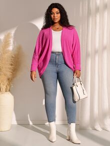 BrightlyHer Plus Size Solid Ribbed Shawl Collar Long Sleeve Knit Cardigan Autumn 2026 Business Club Fuchsia Pink Casual Western - Hot Pink - View 6