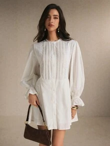 Poéselle Women's Solid Color Round Neck Ruffle Cuff Single-Breasted Casual Mini Dress - White - View 7