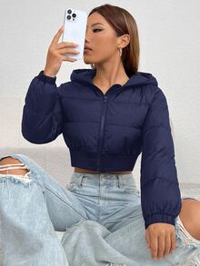 SHEIN PETITE 女款舒適冬季長袖短版連帽外套 - 藏蓝色 - 查看 3