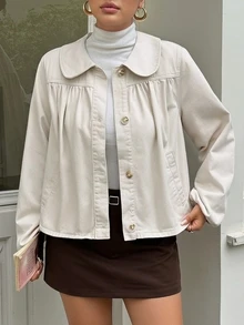 Rivivi Plus Size Women Non-Stretch Denim Top With Peter Pan Collar And Ruched Design, Casual Fashion Cowboy Outfits For Women - Khaki - View 3
