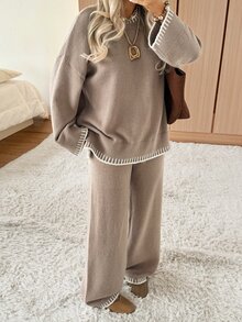 SHEIN EZwear Women's Colorblock Long Sleeve Top And Pants Knit Two Pieces Set - Mocha Brown - View 5