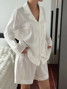 Livesso Women's Textured Button Long Sleeve Top And Shorts Loungewear Set Fall - White - View 7