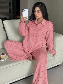 Dazy Plus 愛心印花寬鬆長袖上衣與長款睡褲大尺碼女款春夏秋冬居家休閒睡衣套裝 - 玫紅色 - 查看 3