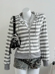 INAWLY European Women's Casual Hooded Grey Striped Knit Cardigan, Spring High Waist Short Jacket, Long Sleeve - Grey - View 1