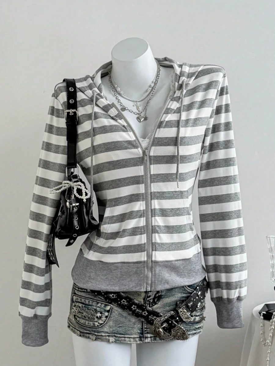 INAWLY European Women's Casual Hooded Grey Striped Knit Cardigan, Spring High Waist Short Jacket, Long Sleeve - Grey - View 1