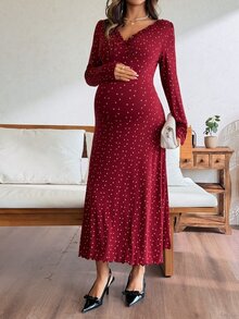 DAZY Floral Print Ruched Ruffle Trim Fitted Elastic Long Sleeve V-Neck Casual Vacation Sexy Home Daily Spring Autumn Maternity Dress - Red - View 3