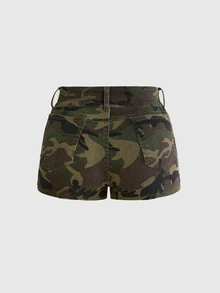 ROMWE Grunge Punk Plus Size Denim Hot Girl Cavalry Metal Button Design Ultra Low Waist Skinny Denim Mini Shorts - Army Green - View 2