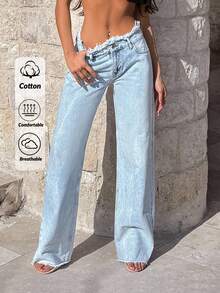 SHEIN PETITE بنطلون جينز بقصة واسعة الساقين وخصر منخفض بتأثير دافئ وأسلوب كاجوال، بلون أزرق فاتح مع غسيل ثلجي، بقصة عادية وأزرار أمامية وحزام مهترئ، مناسب للقوام الصغير - أزرق فاتح - مشاهدة 2