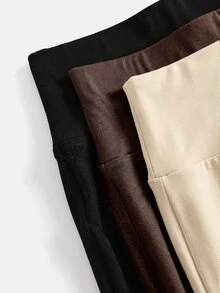 SHEIN Tween女孩秋冬針織黑色、米色巧克力棕色高腰寬腰帶修身直筒寬腿褲 3件套校園風 - 彩色 - 查看 5