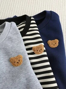 SHEIN 6件組 Youngboy 秋冬百搭卡通圖案黑白條紋卡其色純色長袖衛衣 6件組針織收口長褲 2件套穿搭適合秋冬外出 - 彩色 - 查看 3