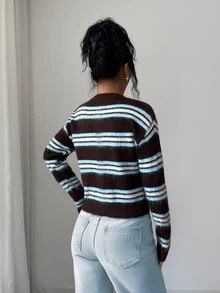 Elenzga Autumn/Winter Korean Vintage Versatile Round Neck Contrast Color Striped Single-Breasted Knit Cardigan Sweater For Women - Coffee Brown - View 2