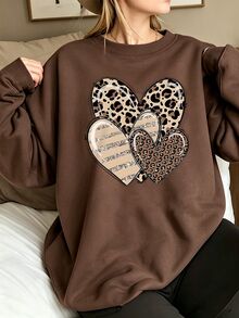 Breezaya 女款大尺碼圓領運動衫，愛心豹紋印花圖案，適合秋冬穿著，女裝秋季款 - 橘色 - 查看 1