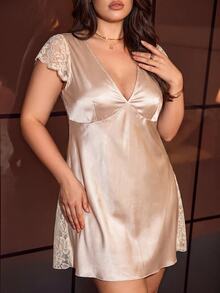 SilkySpell Women's Plus Size Lace Patchwork Faux Silk Champagne Gold Nightgown - Champagne - View 5