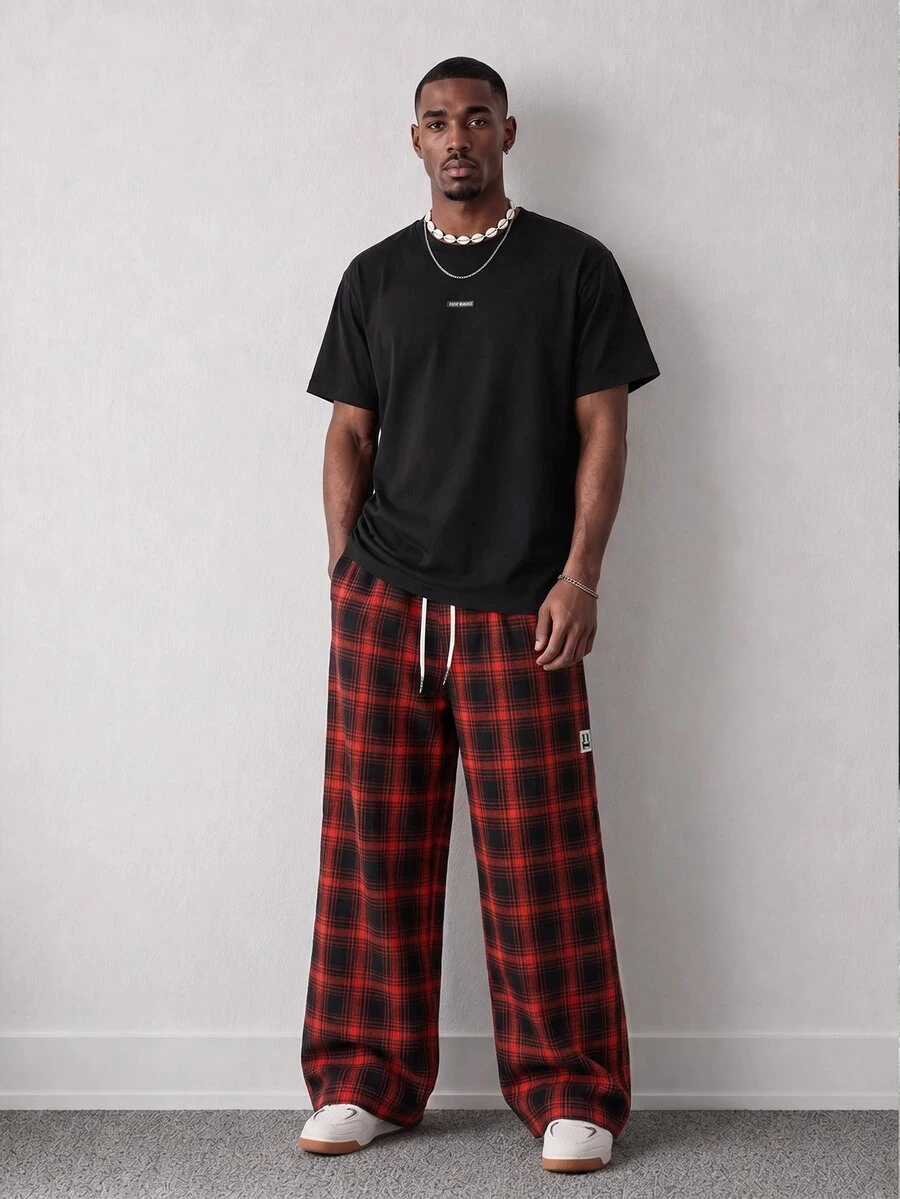 Mainfolk Men's Casual Loose Plaid Long Pants - Red - View 1